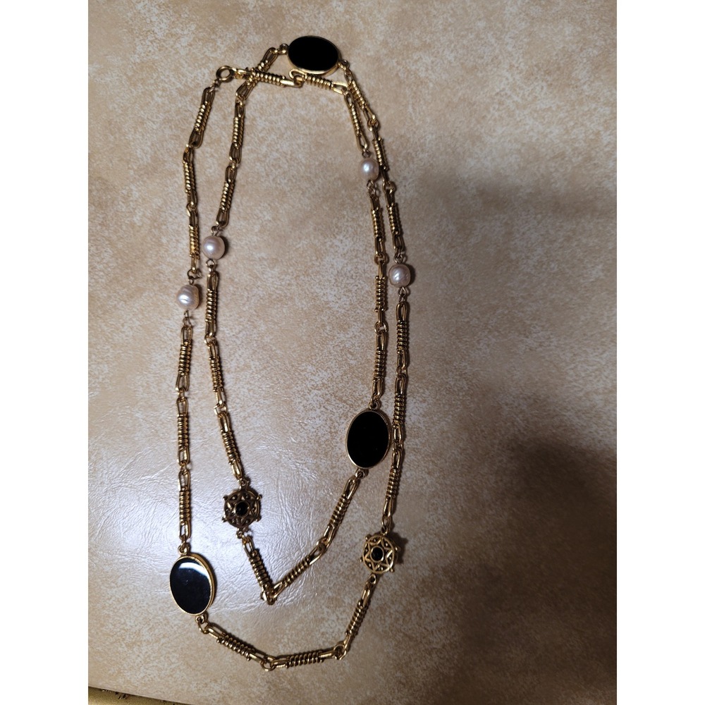 Nautical Inspired Gold Tone Long Necklace with‎ Black Oval Beads and Faux Pearls